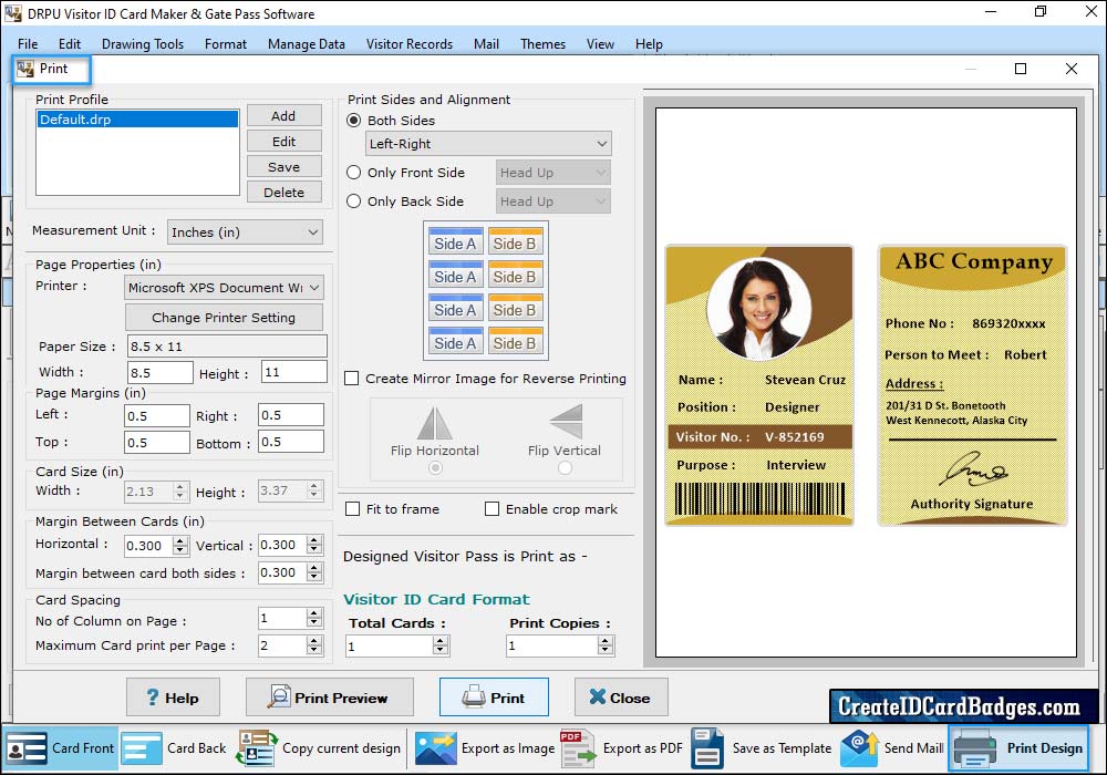 Print designed visitor ID card